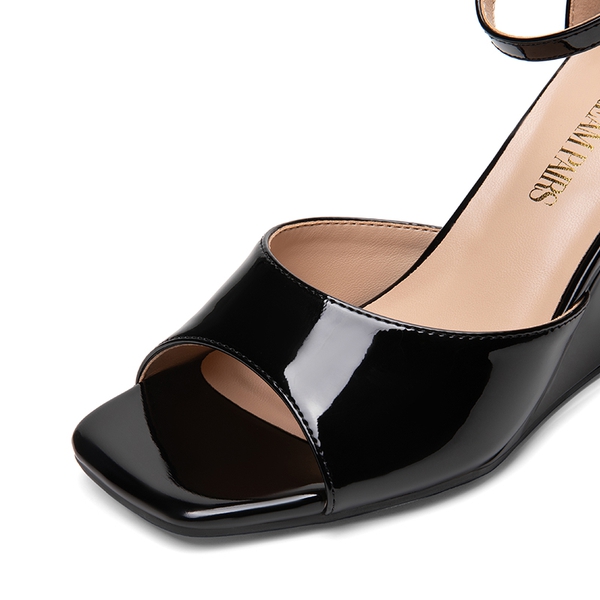 Square-Toe Buckle Strap Wedge Sandals - BLACK - 6